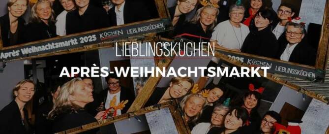 Küchenstudio Collage von Gruppenfotos vom Apres-Weihnachtsmarkt Rostock 2023, mit lächelnden Menschen und festlichen Hüten. Der Text darüber lautet "Lieblingsküchen.