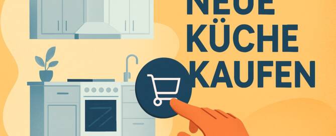 Küchenstudio Illustration einer modernen Küche mit einer Hand, die auf ein Einkaufswagensymbol drückt, neben dem deutschen Text "NEUE KÜCHE KAUFEN", was soviel bedeutet wie "Neue Küche kaufen".