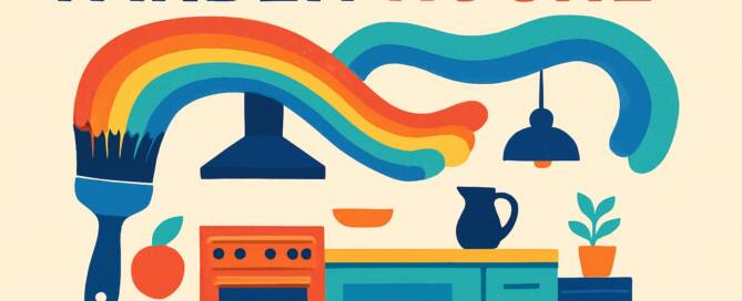 Küchenstudio Illustration einer Küche mit bunten Pinselstrichen, Utensilien, einem Herd, Schränken und dem Text "FARBEN KÜCHE EINFÜHRUNG".