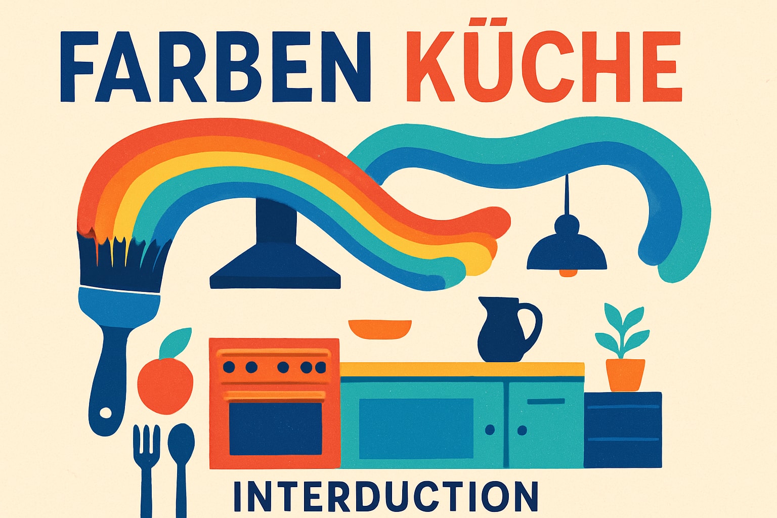 Küchenstudio Illustration einer Küche mit bunten Pinselstrichen, Utensilien, einem Herd, Schränken und dem Text "FARBEN KÜCHE EINFÜHRUNG".