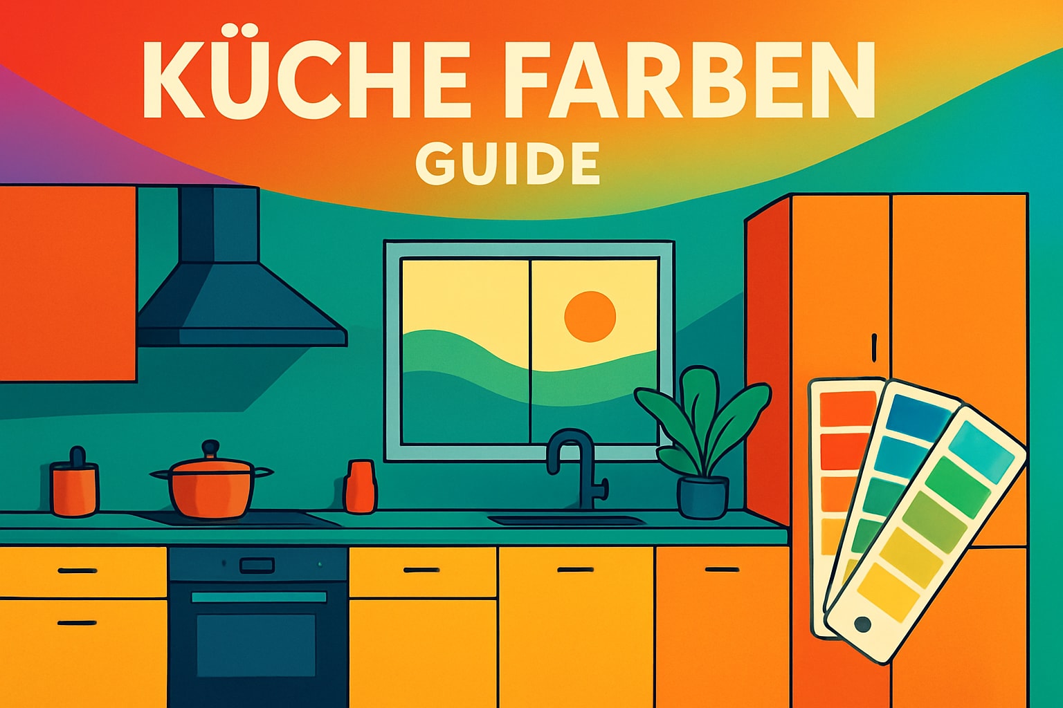 Küchenstudio Illustration einer Küche mit bunten Schränken, einem Herd, einem Fenster, das einen Sonnenuntergang zeigt, einer Pflanze und einem Farbmuster; Text: "KÜCHE FARBEN GUIDE.