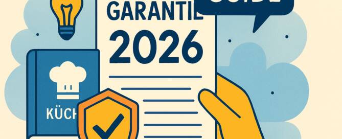 Küchenstudio Illustration einer Hand, die ein Papier mit der Aufschrift "Garantie 2026" hält, mit einem Schild, einem Kochbuch, einer Glühbirne und einer Sprechblase mit der Aufschrift "Guide" im Hintergrund.