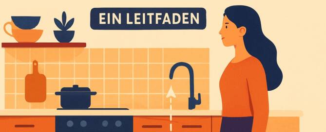 Küchenstudio Illustration einer Frau, die in einer Küche neben einer Arbeitsplatte steht, mit dem deutschen Text "Küche Höhe Arbeitsplatte Ein Leitfaden" darüber.