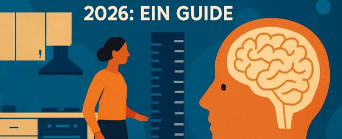 Küchenstudio Illustration, die eine Frau in einer Küche neben einer Größentabelle zeigt, mit einem großen Profil eines Kopfes und eines Gehirns und dem Text "Küchenhöhe 2026: Ein Guide" darüber.