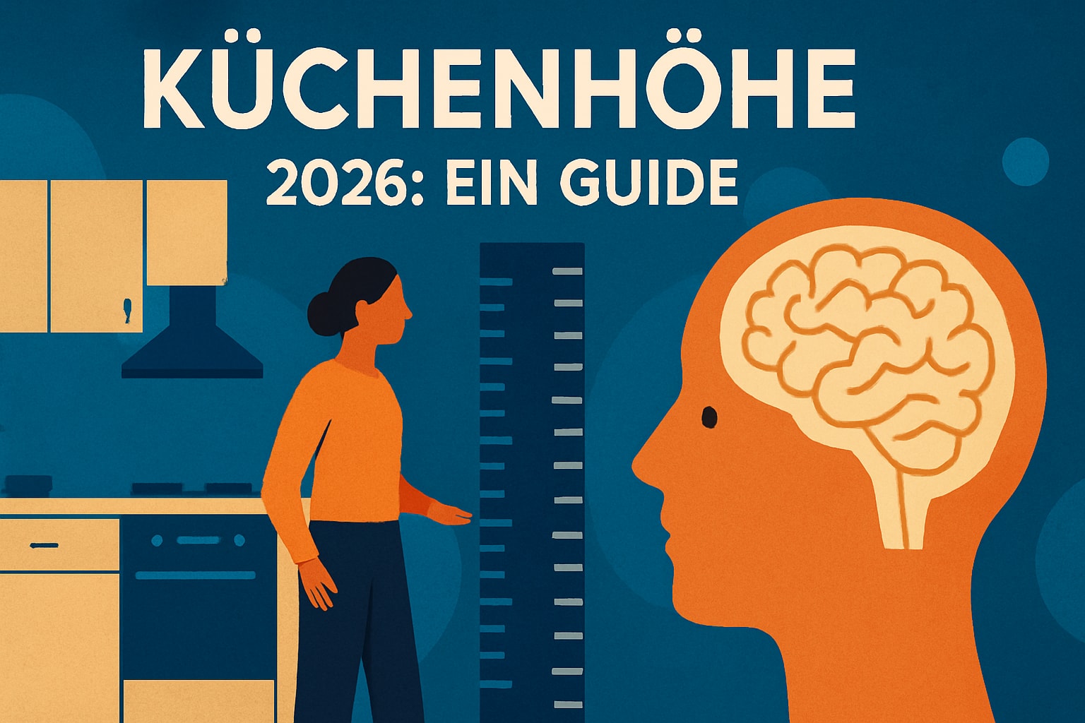 Küchenstudio Illustration, die eine Frau in einer Küche neben einer Größentabelle zeigt, mit einem großen Profil eines Kopfes und eines Gehirns und dem Text „Küchenhöhe 2026: Ein Guide“ darüber. Küchenstudio Illustration, die eine Frau in einer Küche neben einer Größentabelle zeigt, mit einem großen Profil eines Kopfes und eines Gehirns und dem Text "Küchenhöhe 2026: Ein Guide" darüber.