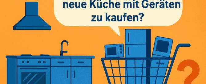 Küchenstudio Illustration einer Kücheneinrichtung und eines mit Geräten gefüllten Einkaufswagens. Eine Sprechblase fragt: "Planen Sie 2026 eine neue Küche mit Geräten zu kaufen?.