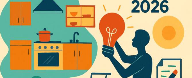 Küchenstudio Illustration einer Person, die eine Glühbirne hält, mit Küchenelementen, einem Einkaufswagen und dem Text "Küche kaufen 2026" auf Deutsch.