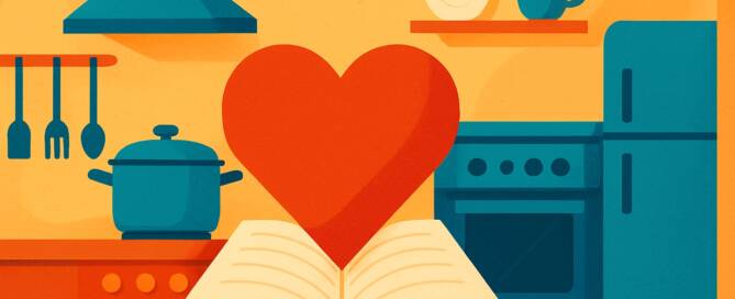 Küchenstudio Illustration einer Küche mit Herd, Kühlschrank und Küchenutensilien, mit einem aufgeschlagenen Buch und einem großen roten Herz im Vordergrund.