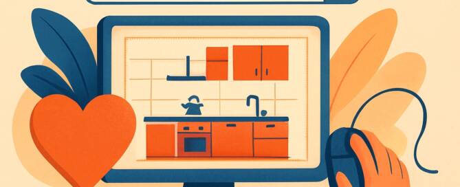 Küchenstudio Illustration eines Computerbildschirms, auf dem eine digitale Küchenplanung angezeigt wird, mit einer Suchleiste mit der Aufschrift "KÜCHE PLANEN ONLINE" und einer Hand, die eine Computermaus hält.
