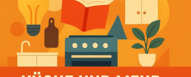 Küchenstudio Illustration einer Küche mit Herd, Spüle, Schrank, Pflanze, Glühbirne und Buch, mit dem deutschen Text "Küche und Mehr" am unteren Rand.