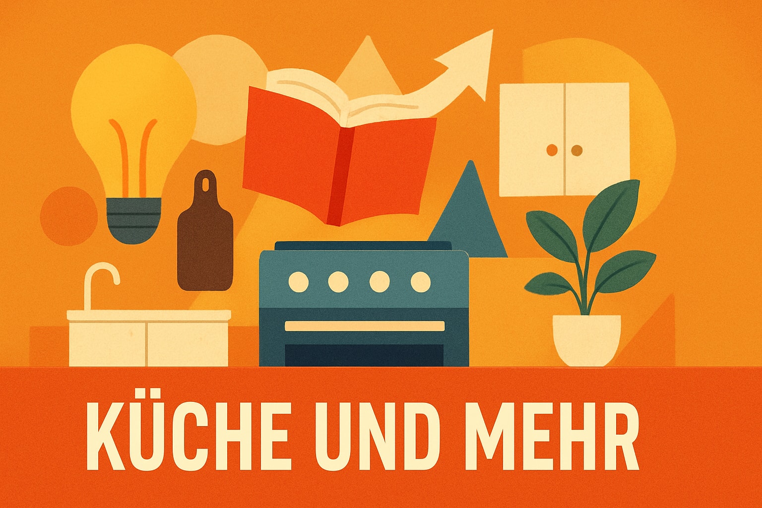 Küchenstudio Illustration einer Küche mit Herd, Spüle, Schrank, Pflanze, Glühbirne und Buch, mit dem deutschen Text "Küche und Mehr" am unteren Rand.