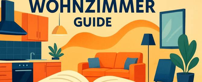 Küchenstudio Illustration einer modernen Küche und eines Wohnzimmers mit einem aufgeschlagenen Buch im Vordergrund und dem deutschen Text "Küche Wohnzimmer Guide" darüber.