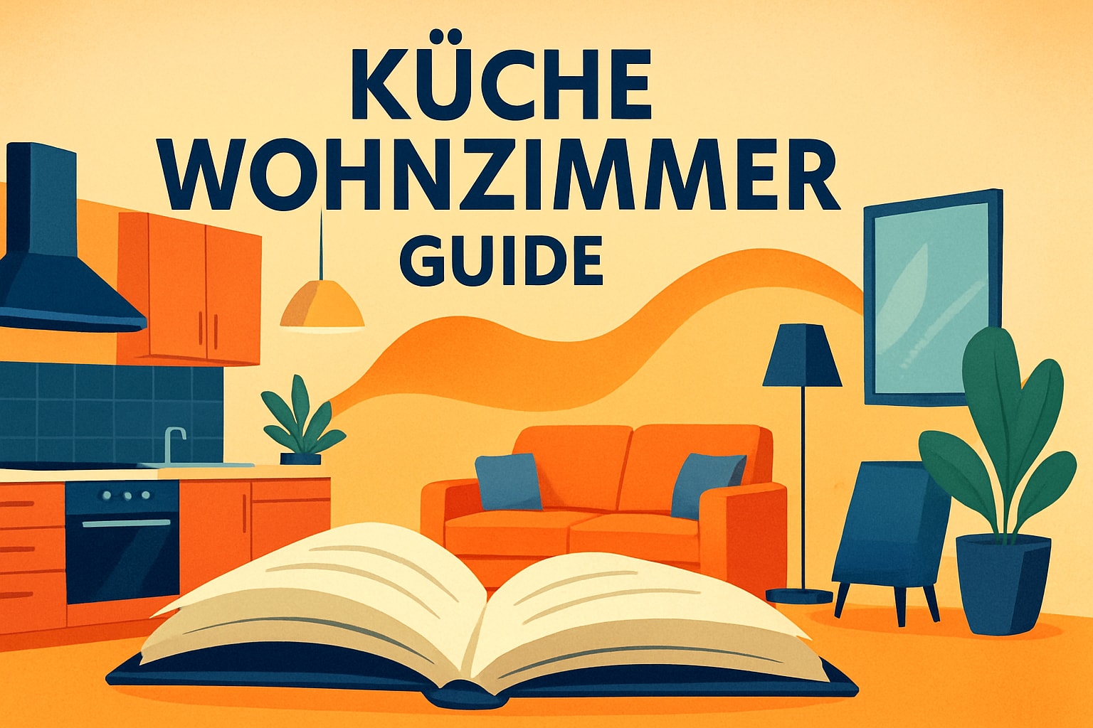 Küchenstudio Illustration einer modernen Küche und eines Wohnzimmers mit einem aufgeschlagenen Buch im Vordergrund und dem deutschen Text "Küche Wohnzimmer Guide" darüber.
