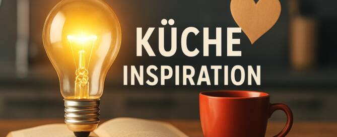 Küchenstudio Eine leuchtende Glühbirne auf einem aufgeschlagenen Buch, eine rote Kaffeetasse und der Schriftzug "Küche Inspiration" mit einem Herz auf einem Holztisch.