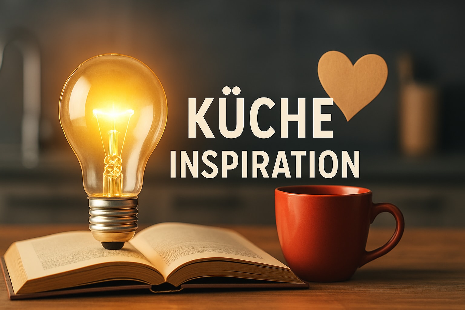 Küchenstudio Eine brennende Glühbirne sitzt auf einem aufgeschlagenen Buch neben einem roten Becher, mit der Aufschrift "KÜCHE INSPIRATION" und einer Herzform im Hintergrund.
