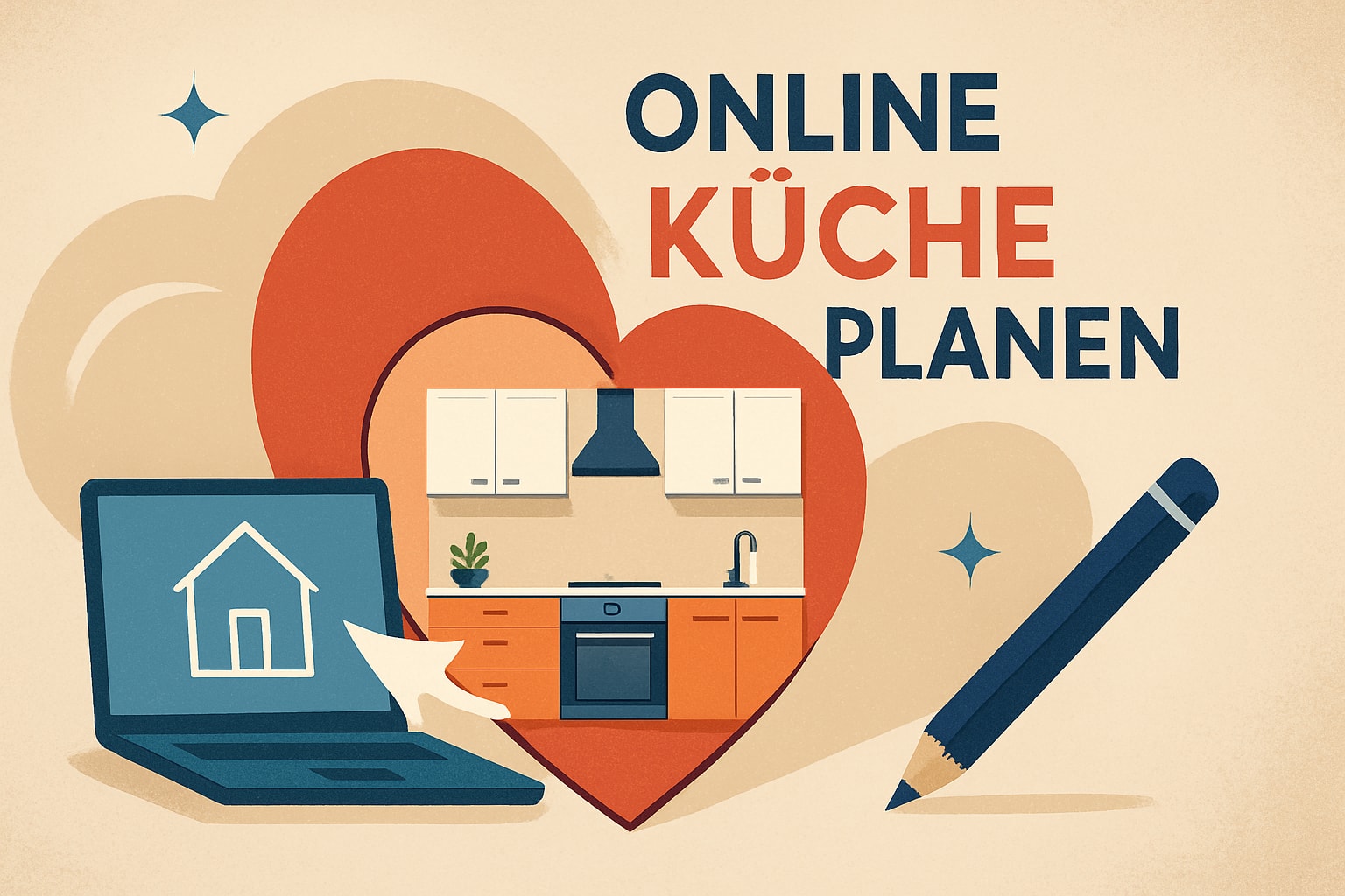 Küchenstudio Illustration eines Laptops, eines herzförmigen Rahmens, der eine Küche zeigt, eines großen Bleistifts und des deutschen Textes "Online Küche Planen", was so viel bedeutet wie "Küche online planen".