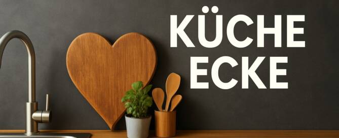 Küchenstudio Eine minimalistische Küchentheke mit einem Spülbecken, einer Topfpflanze, Holzutensilien und einem herzförmigen Schneidebrett. An der Wand steht der Text "GUIDE KÜCHE ECKE.
