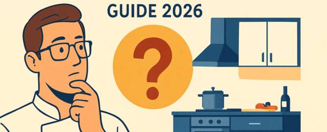 Küchenstudio Illustration eines Kochs, der in einer Küche nachdenkt, mit dem Text "Küchenprofi Guide 2026" und einem großen Fragezeichen über einem Herd und Schränken.