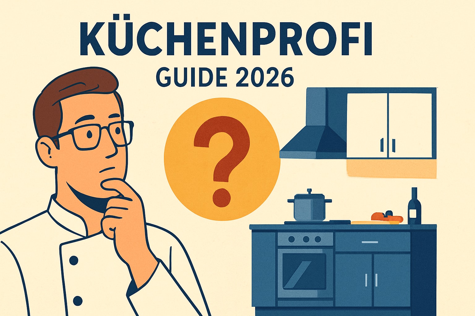 Küchenstudio Illustration eines Kochs, der in einer Küche nachdenkt, mit dem Text „Küchenprofi Guide 2026“ und einem großen Fragezeichen über einem Herd und Schränken. Küchenstudio Illustration eines Kochs, der in einer Küche nachdenkt, mit dem Text "Küchenprofi Guide 2026" und einem großen Fragezeichen über einem Herd und Schränken.