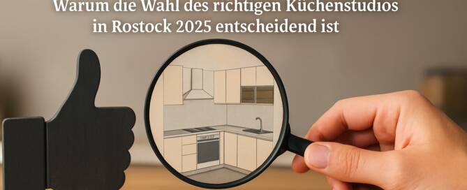 Küchenstudio Eine Hand hält eine Lupe über eine Küchenillustration, mit einem Daumen-hoch-Symbol und fünf Sternen unter einem deutschen Text über die Auswahl von Küchenstudios in Rostock.