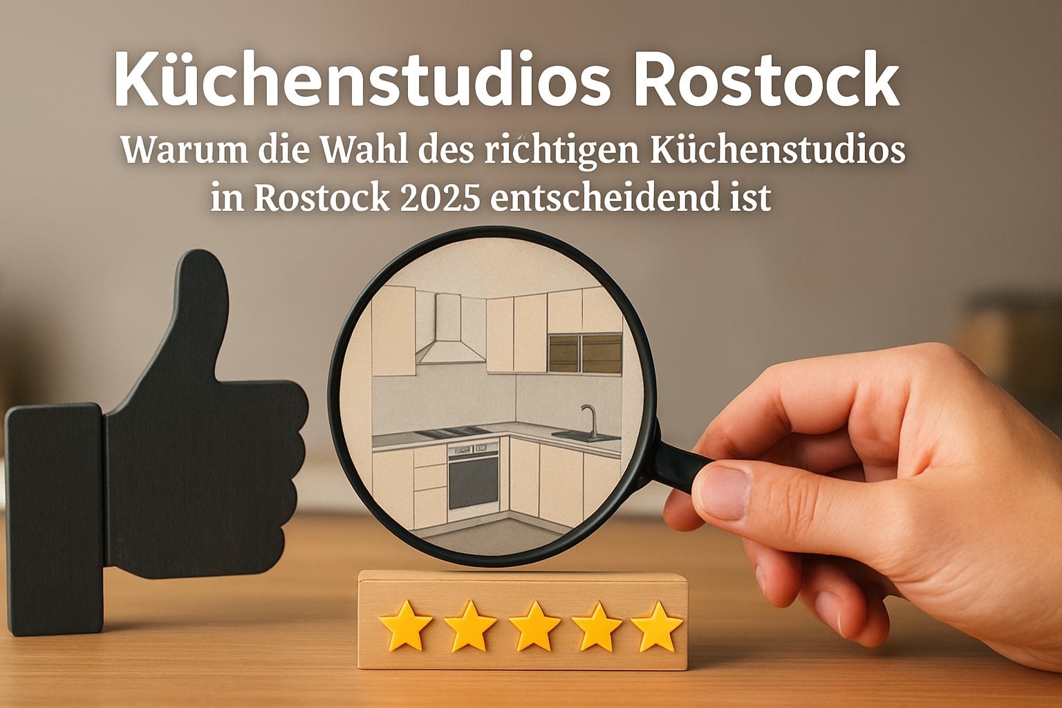 Küchenstudio Eine Hand hält eine Lupe über eine Küchenillustration, mit einem Daumen-hoch-Symbol und fünf Sternen unter einem deutschen Text über die Auswahl von Küchenstudios in Rostock.