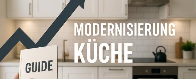 Küchenstudio Eine Person hält ein Heft mit der Aufschrift "Guide" in einer modernen weißen Küche in der Hand; darüber steht "Modernisierung Küche" mit einer Pfeilgrafik nach oben.