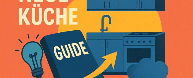 Küchenstudio Illustration einer Küche mit Schränken, Herd, Spüle und einem Buch mit der Aufschrift "Guide", zusammen mit einer Glühbirne und einer Kochmütze. Der Text auf Deutsch lautet "Neue Küche.