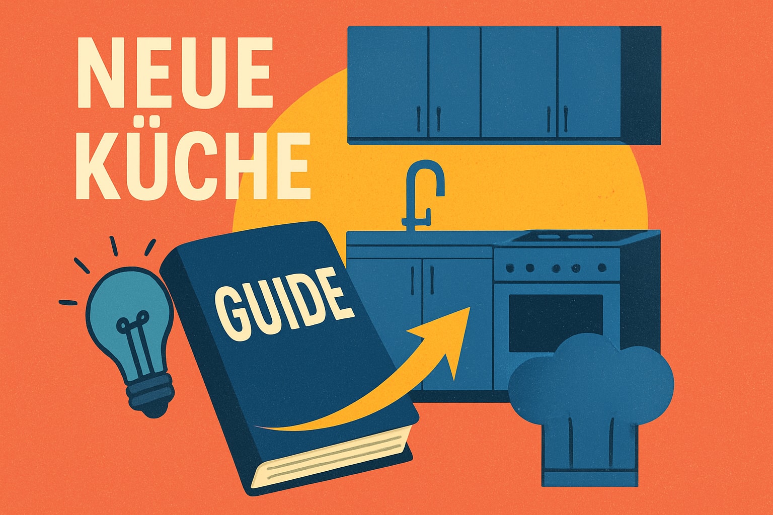 Küchenstudio Illustration einer Küche mit Schränken, Herd, Spüle und einem Buch mit der Aufschrift "Guide", zusammen mit einer Glühbirne und einer Kochmütze. Der Text auf Deutsch lautet "Neue Küche.