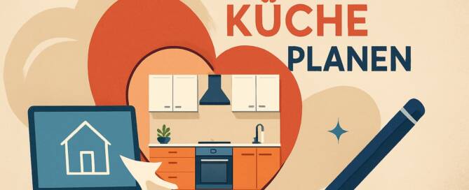 Küchenstudio Illustration eines Laptops mit einem Haussymbol, einer Küche in Herzform, einem Bleistift und dem deutschen Text "Online Küche Planen", was so viel bedeutet wie "Küche online planen".