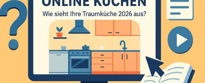 Küchenstudio Illustration eines Computerbildschirms, der ein modernes Küchendesign mit dem Text "ONLINE KÜCHEN: Wie sieht Ihre Traumküche 2026 aus?" und verschiedenen Online-Lernsymbolen zeigt.