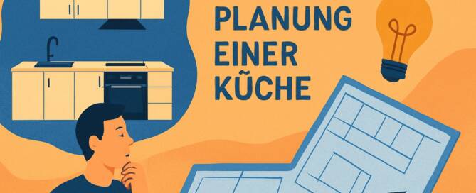 Küchenstudio Illustration einer denkenden Person, eines Grundrisses mit einem Bleistift, eines Küchenentwurfs und des deutschen Textes "Planung einer Küche" mit einem Glühbirnensymbol.
