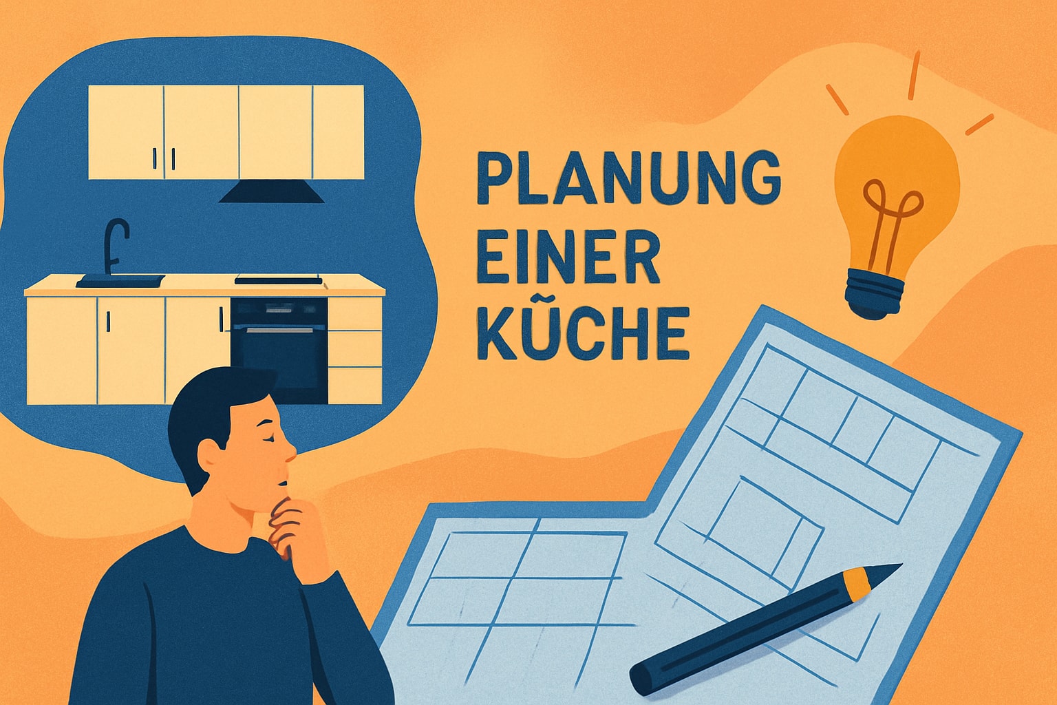 Küchenstudio Illustration einer denkenden Person, eines Grundrisses mit einem Bleistift, eines Küchenentwurfs und des deutschen Textes "Planung einer Küche" mit einem Glühbirnensymbol.