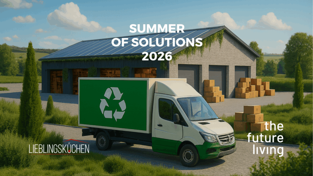 Küchenstudio Ein grüner Lieferwagen mit einem Recyclingsymbol parkt in der Nähe einer Lagerhalle mit Solarzellen und gestapelten Kisten. Der Text lautet "Summer of Solutions 2026" und zeigt Firmenlogos.