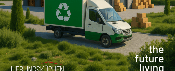 Küchenstudio Ein grün-weißer Lieferwagen mit einem Recycling-Symbol parkt in der Nähe eines Lagers mit Kisten. Der Text lautet "LIEBLINGSKÜCHEN" und "die Zukunft leben".