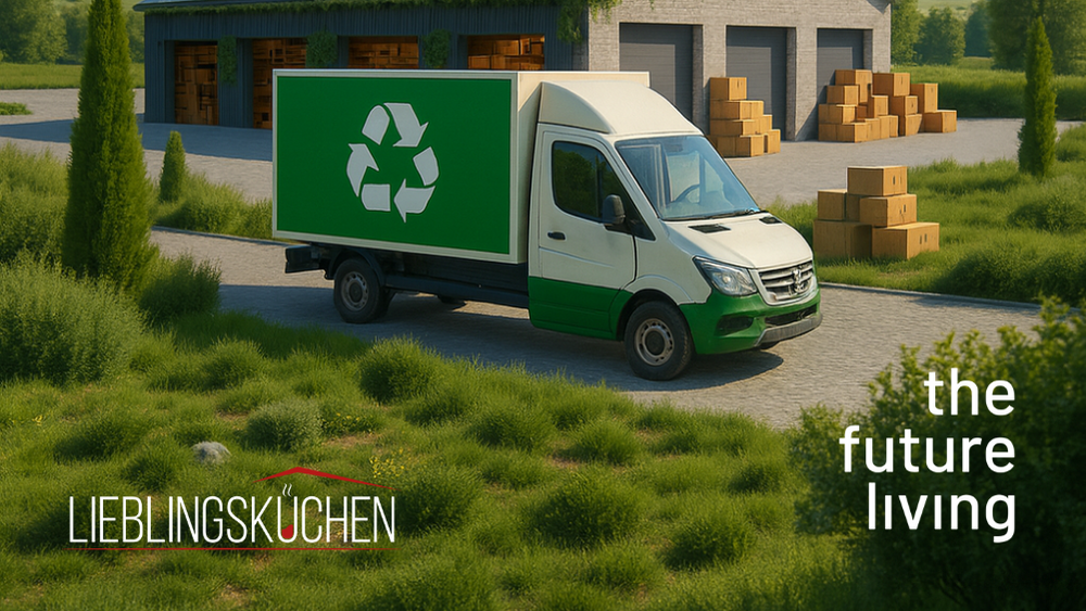 Küchenstudio Ein grün-weißer Lieferwagen mit einem Recycling-Symbol parkt in der Nähe eines Lagers mit Kisten. Der Text lautet "LIEBLINGSKÜCHEN" und "die Zukunft leben".