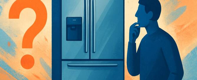 Küchenstudio Illustration einer nachdenklichen Person, die einen Kühlschrank betrachtet, mit einem großen orangefarbenen Fragezeichen neben dem Gerät.