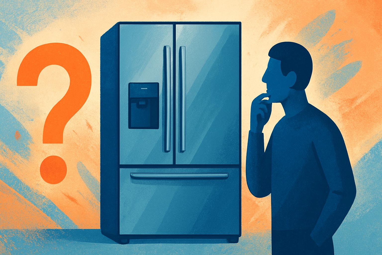 Küchenstudio Illustration einer nachdenklichen Person, die einen Kühlschrank betrachtet, mit einem großen orangefarbenen Fragezeichen neben dem Gerät. Küchenstudio Illustration einer nachdenklichen Person, die einen Kühlschrank betrachtet, mit einem großen orangefarbenen Fragezeichen neben dem Gerät.