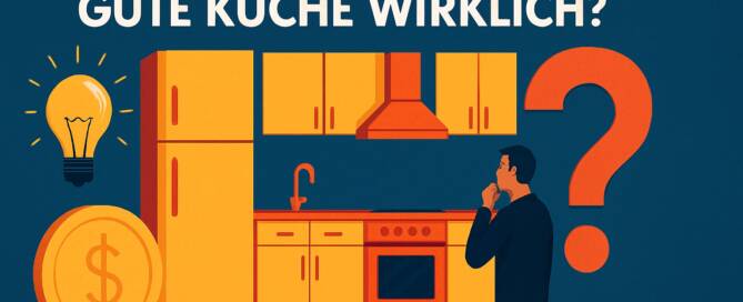 Küchenstudio Illustration eines nachdenklichen Mannes vor einer Küchenzeile, mit einem großen Fragezeichen, einer Glühbirne und einer Münze; der deutsche Text fragt nach den tatsächlichen Kosten einer guten Küche.