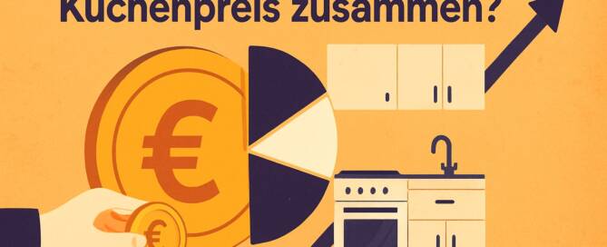 Küchenstudio Eine Illustration mit einer Hand, die eine Euro-Münze hält, einem Kuchendiagramm, Küchenschränken und einem Pfeil nach oben mit dem Text "Wie setzt sich der Küchenpreis zusammen?.