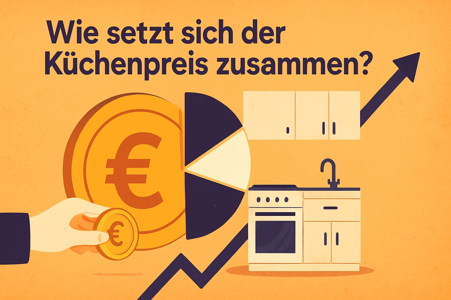 Küchenstudio Eine Illustration mit einer Hand, die eine Euro-Münze hält, einem Kuchendiagramm, Küchenschränken und einem Pfeil nach oben mit dem Text „Wie setzt sich der Küchenpreis zusammen?. Küchenstudio Eine Illustration mit einer Hand, die eine Euro-Münze hält, einem Kuchendiagramm, Küchenschränken und einem Pfeil nach oben mit dem Text "Wie setzt sich der Küchenpreis zusammen?.
