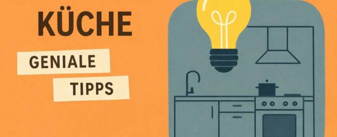 Küchenstudio Orangefarbene Grafik mit dem Text "Einfache Küche Geniale Tipps" und einer Illustration einer Küche mit Herd, Spüle und einer großen Glühbirne über dem Kopf.
