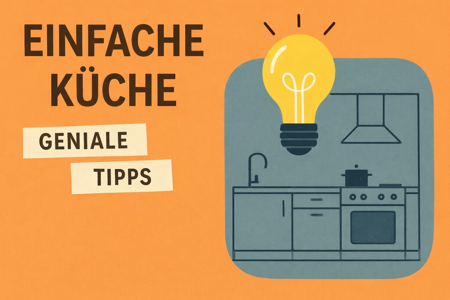 Küchenstudio Orangefarbene Grafik mit dem Text "Einfache Küche Geniale Tipps" und einer Illustration einer Küche mit Herd, Spüle und einer großen Glühbirne über dem Kopf.
