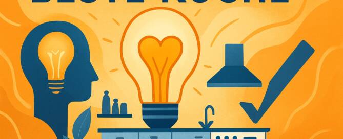 Küchenstudio Illustration mit dem Text "BESTE KÜCHE", einer leuchtenden Glühbirne über einer Kücheneinrichtung, einem menschlichen Profil mit einer Glühbirne darin und einem großen Häkchen im Hintergrund.