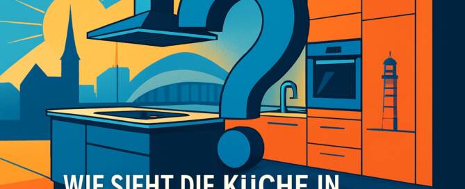 Küchenstudio Illustration einer modernen Küche mit einem großen Fragezeichen vor einer Stadtkulisse. Der deutsche Text fragt, wie die Küchen in Rostock im Jahr 2026 aussehen werden.