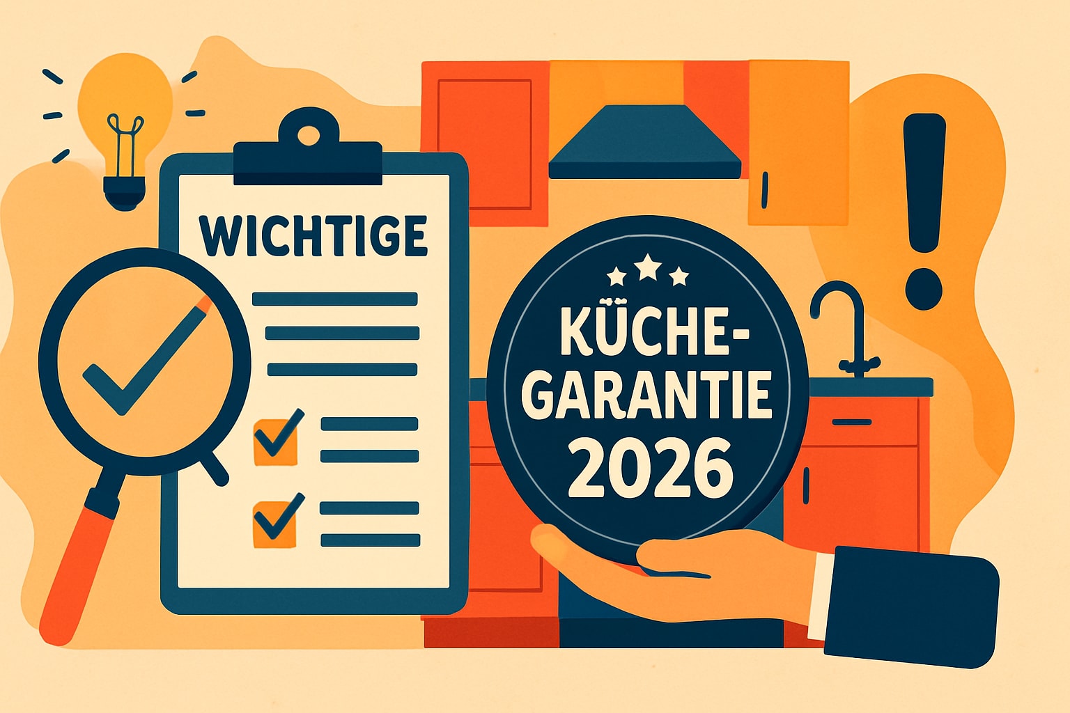 Küchenstudio Illustration einer Checkliste mit der Aufschrift "Wichtig", einer Lupe, einer Hand, die eine Plakette "Küchen-Garantie 2026" hält, Küchenschränken, einer Glühbirne und einem Ausrufezeichen.