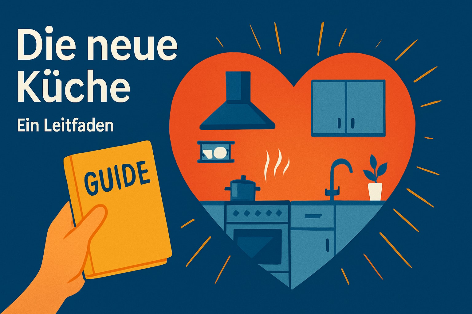 Küchenstudio Illustration einer Hand, die ein Buch mit der Aufschrift „Leitfaden“ neben einer herzförmigen Küchenszene hält. Der deutsche Text lautet „Die neue Küche, Ein Leitfaden“. Küchenstudio Illustration einer Hand, die ein Buch mit der Aufschrift "Leitfaden" neben einer herzförmigen Küchenszene hält. Der deutsche Text lautet "Die neue Küche, Ein Leitfaden".