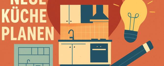 Küchenstudio Illustration mit Text "Neue Küche planen", die einen Küchenplan, ein Herz, eine Glühbirne, einen Grundriss und einen Bleistift auf orangefarbenem Hintergrund zeigt.