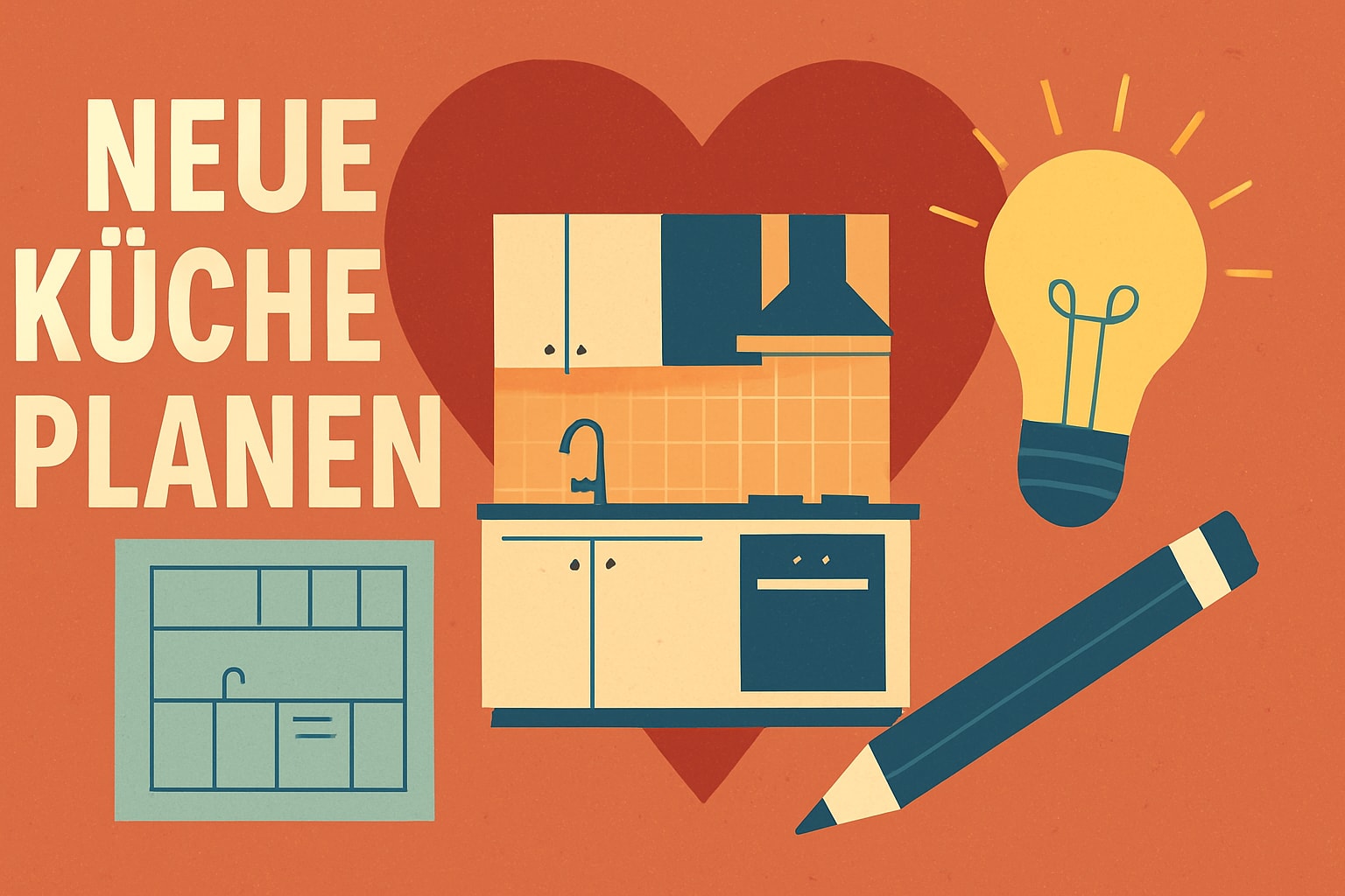 Küchenstudio Illustration mit Text "Neue Küche planen", die einen Küchenplan, ein Herz, eine Glühbirne, einen Grundriss und einen Bleistift auf orangefarbenem Hintergrund zeigt.