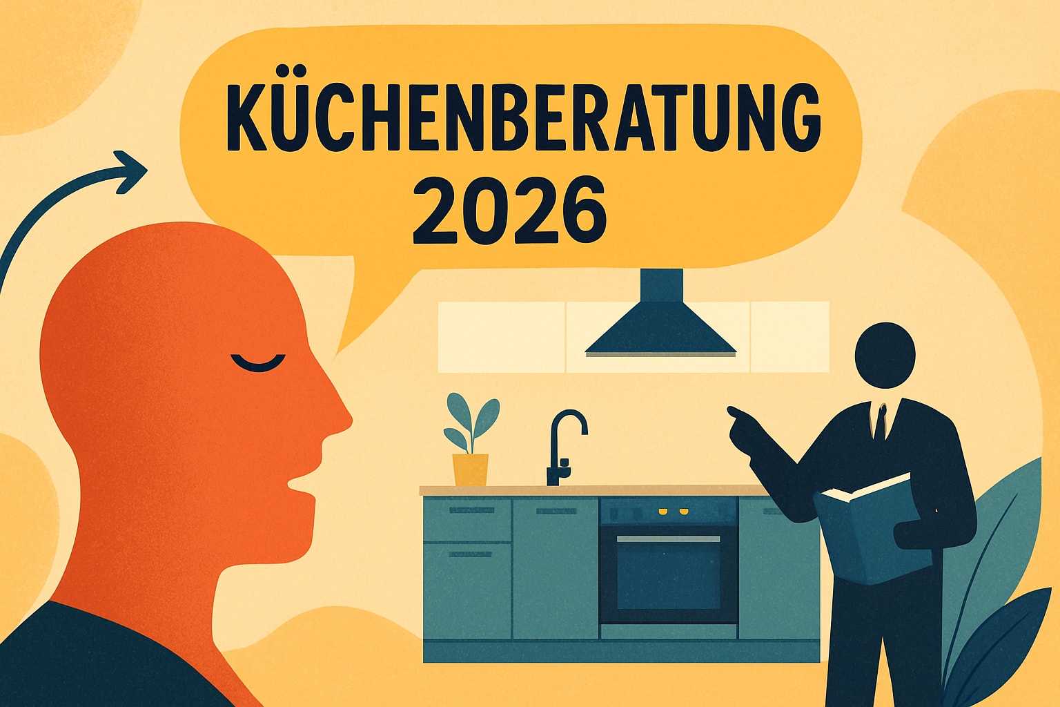 Küchenstudio Illustration einer sprechenden Person mit "Küchenberatung 2026" in einer Sprechblase und einer anderen Person, die ein Buch hält und auf eine moderne Kücheneinrichtung zeigt.