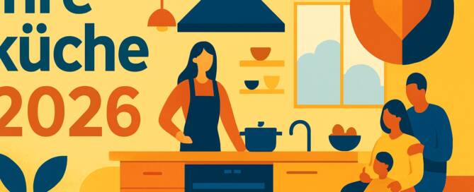 Küchenstudio Illustration einer Frau, die in einer modernen Küche kocht, während in der Nähe eine dreiköpfige Familie zusammensitzt; Text: "Ihre Küche 2026".